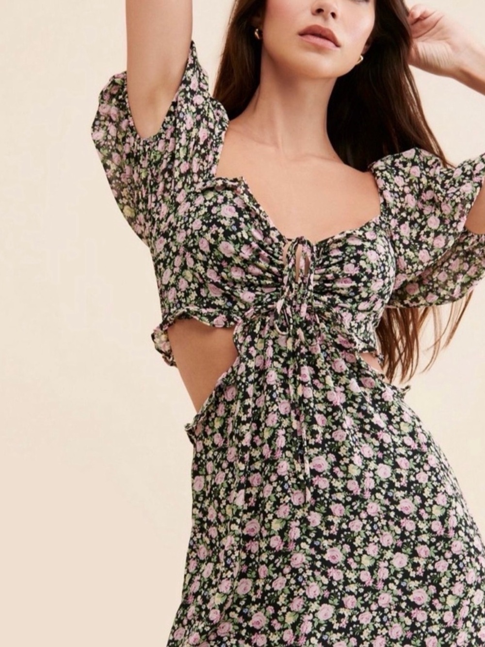 Astr Black Floral Cutout Ruched Dress with Pink Flowers
